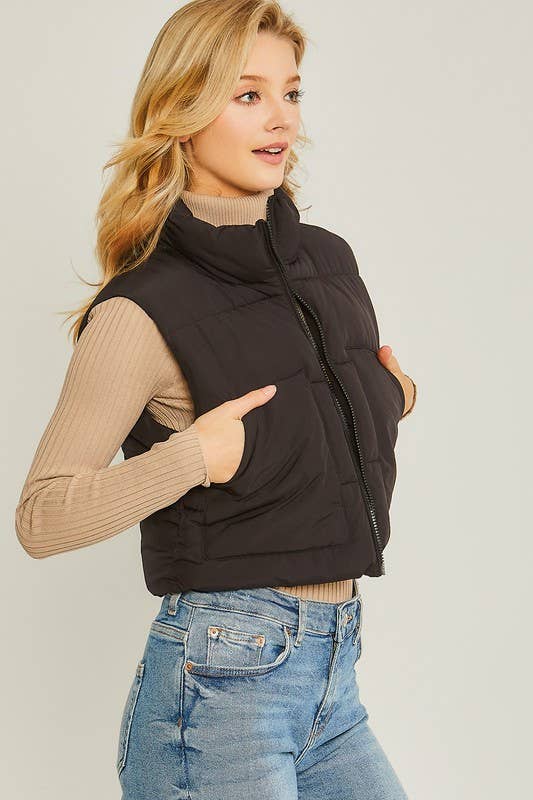 Black Puffer Vest With Pockets