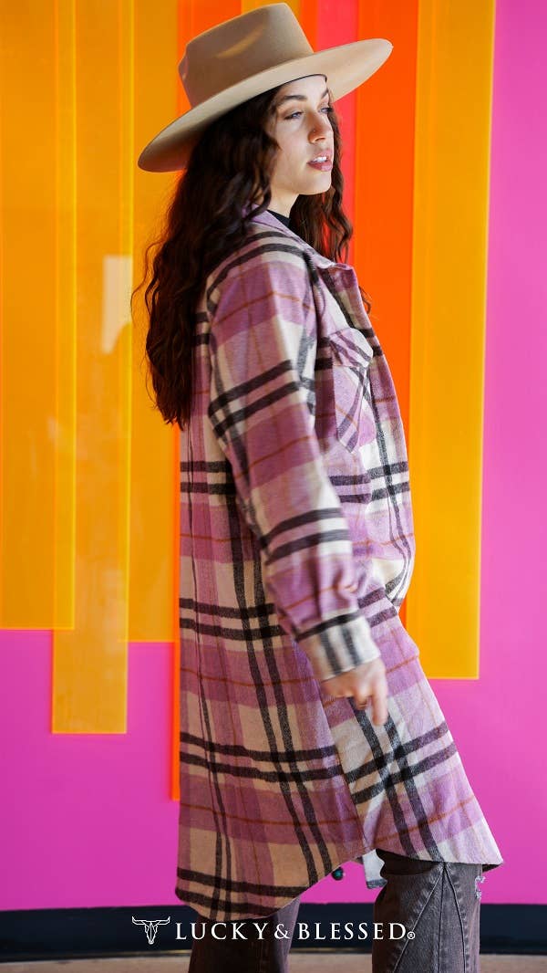Pink Plaid Fleece Long Button Down Shacket