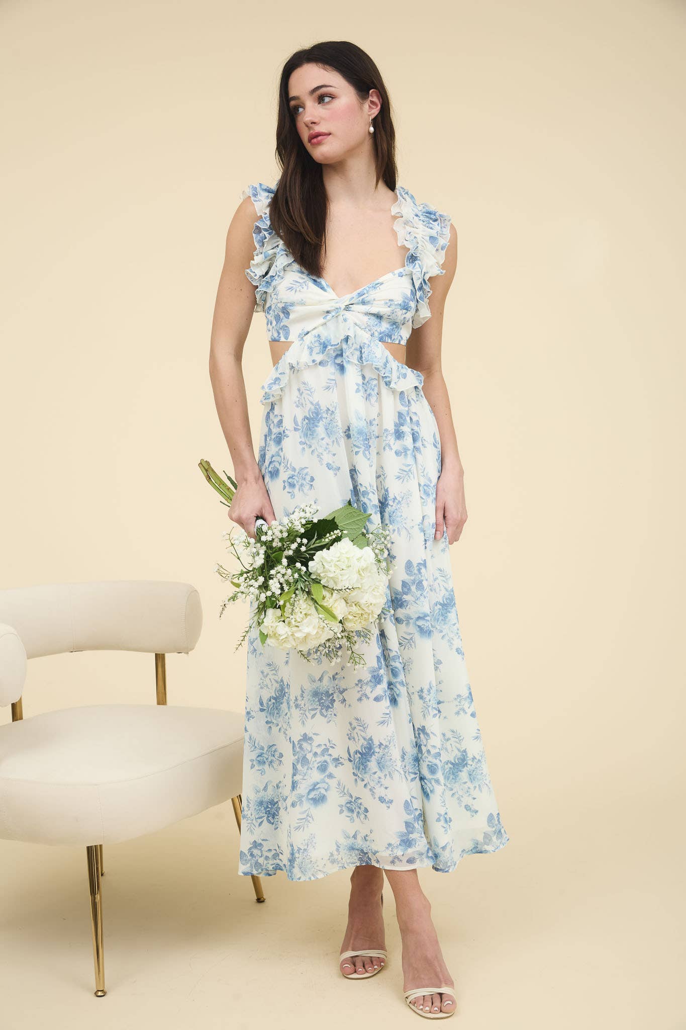 BLUE FLORAL RUFFLE DETAIL CUTOUT DRESS