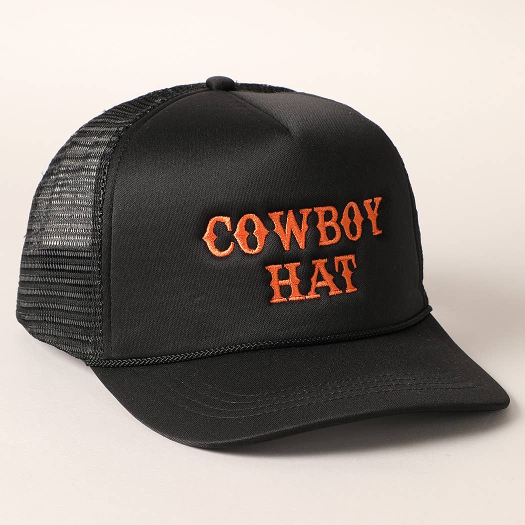 Cowboy Hat Embroidered Mesh Back Trucker Hat: BLACK