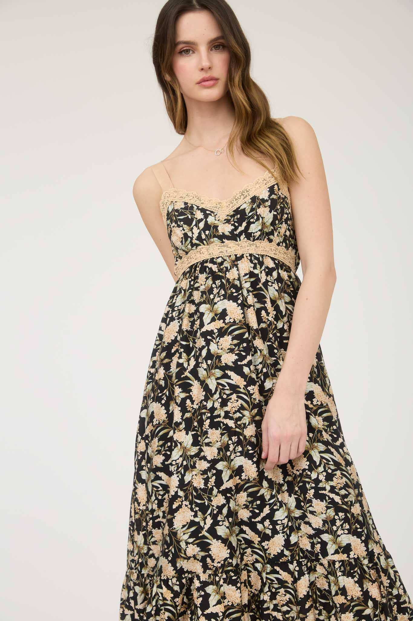 FLORAL LACE TRIM DRESS: BLACK MULTI