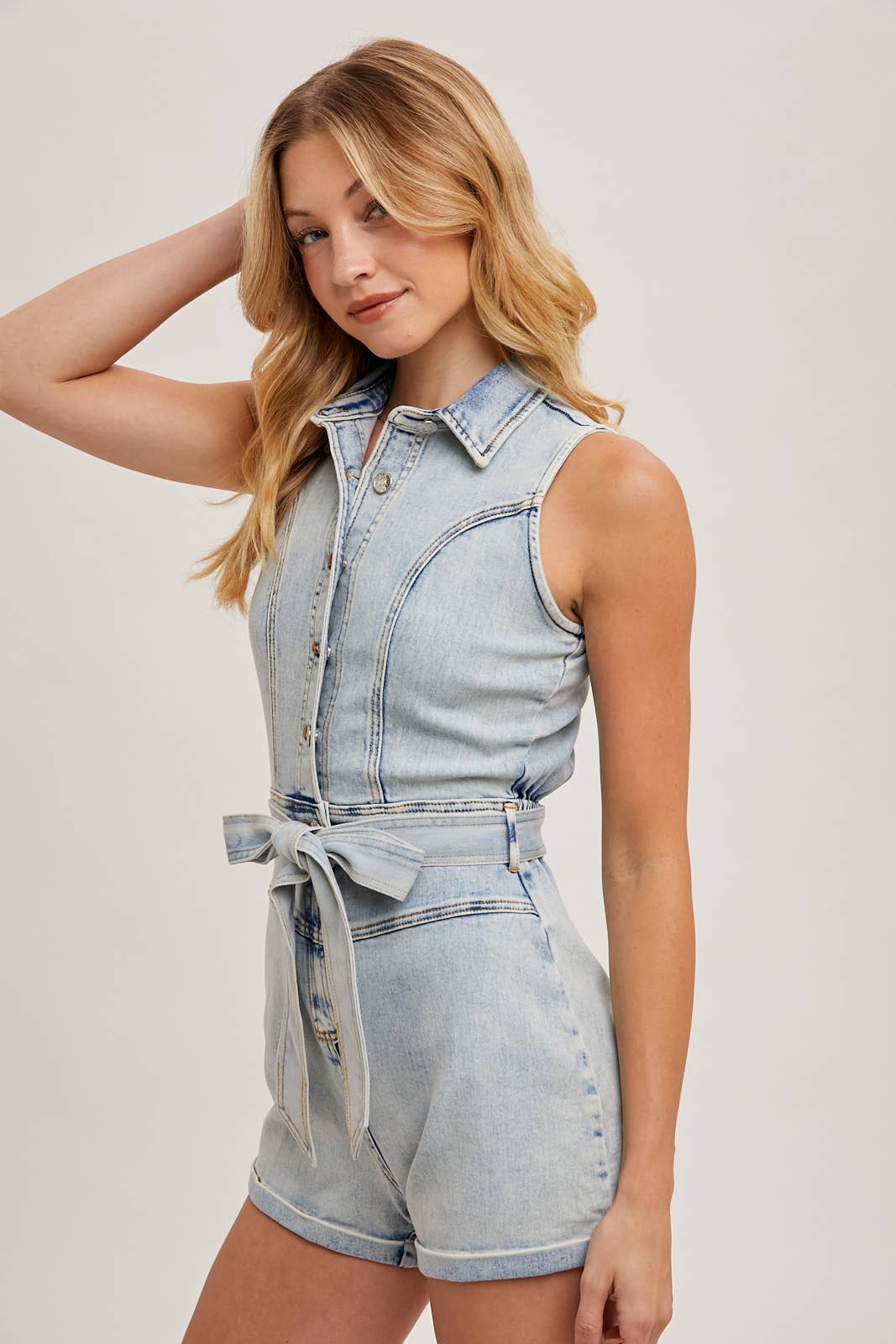 BUTTON DOWN BELTED DENIM ROMPER
