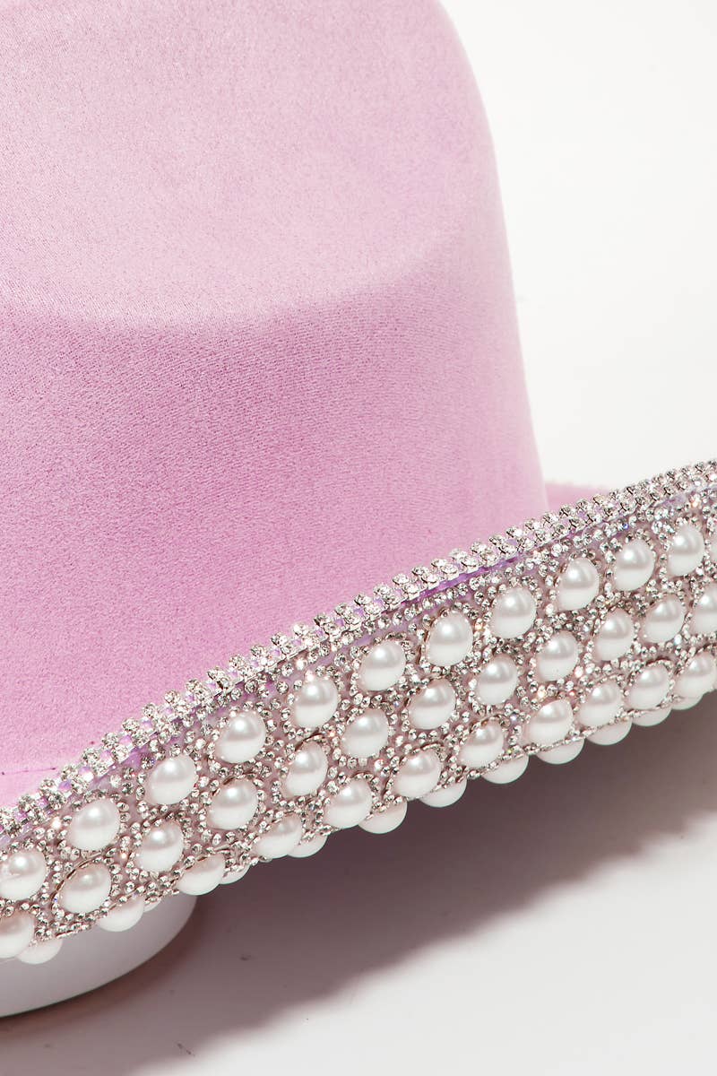 Pave Rhinestone Pearl Trim Cowboy Hat Pink