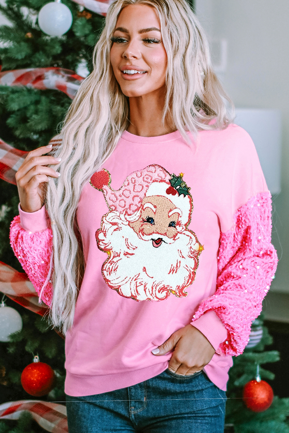 Santa Graphic Sequin Sleeve Top