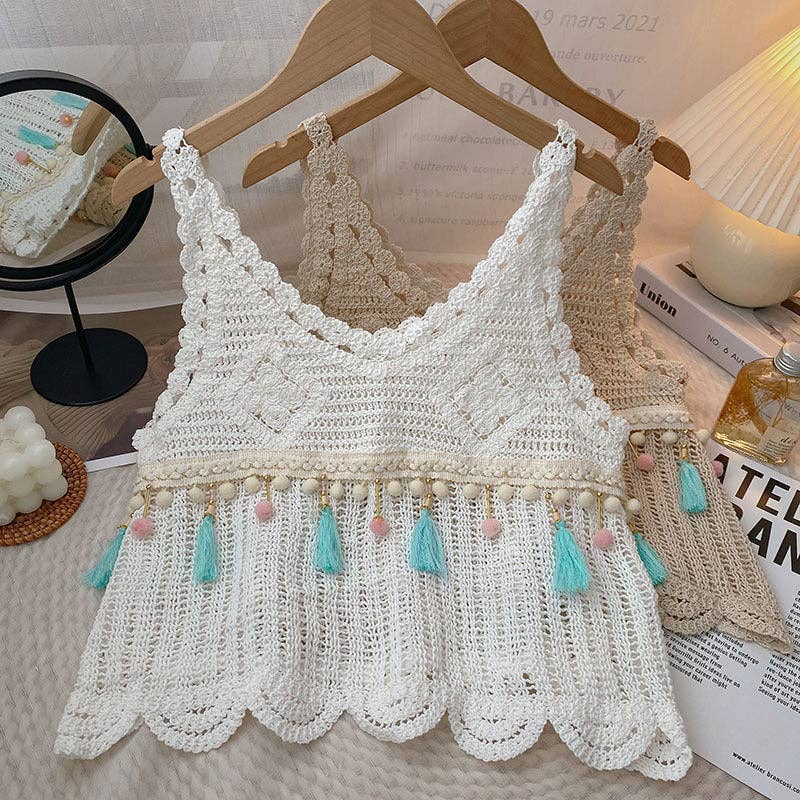 Vintage Fringe Knit Vest BEIGE