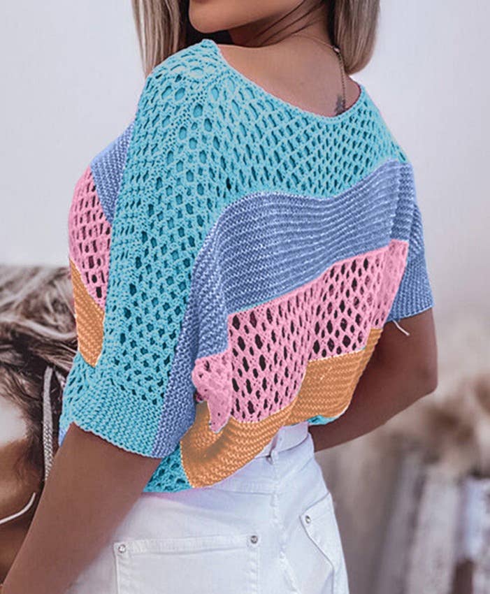 Colorblock Crochet Knit Top PINK
