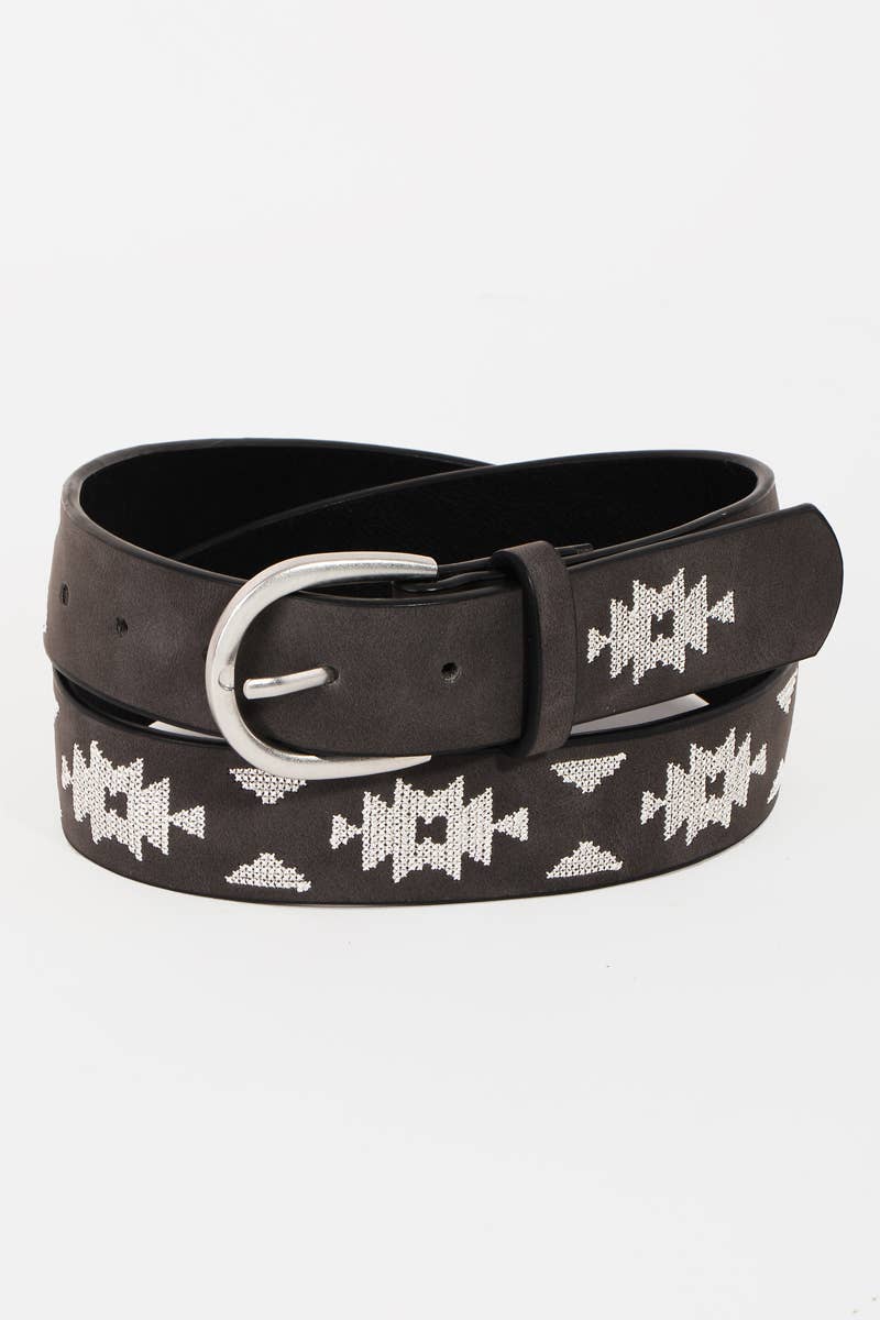 Western Boho Embroidered Pattern Belt Black