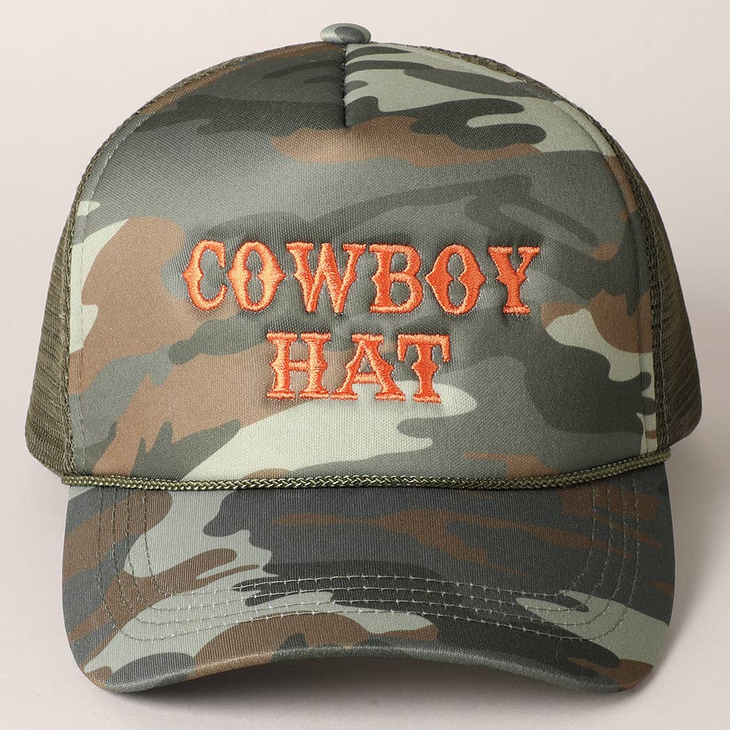 Cowboy Hat Embroidered Mesh Back Trucker Hat: BLACK