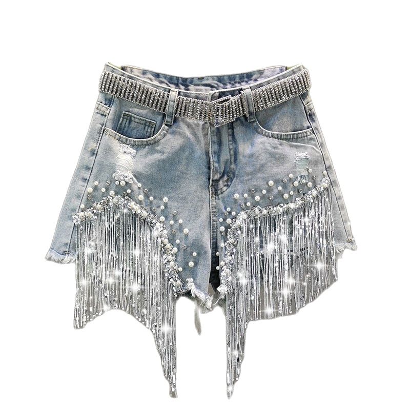 Tassel Beading High Waist Wide Leg Denim Shorts