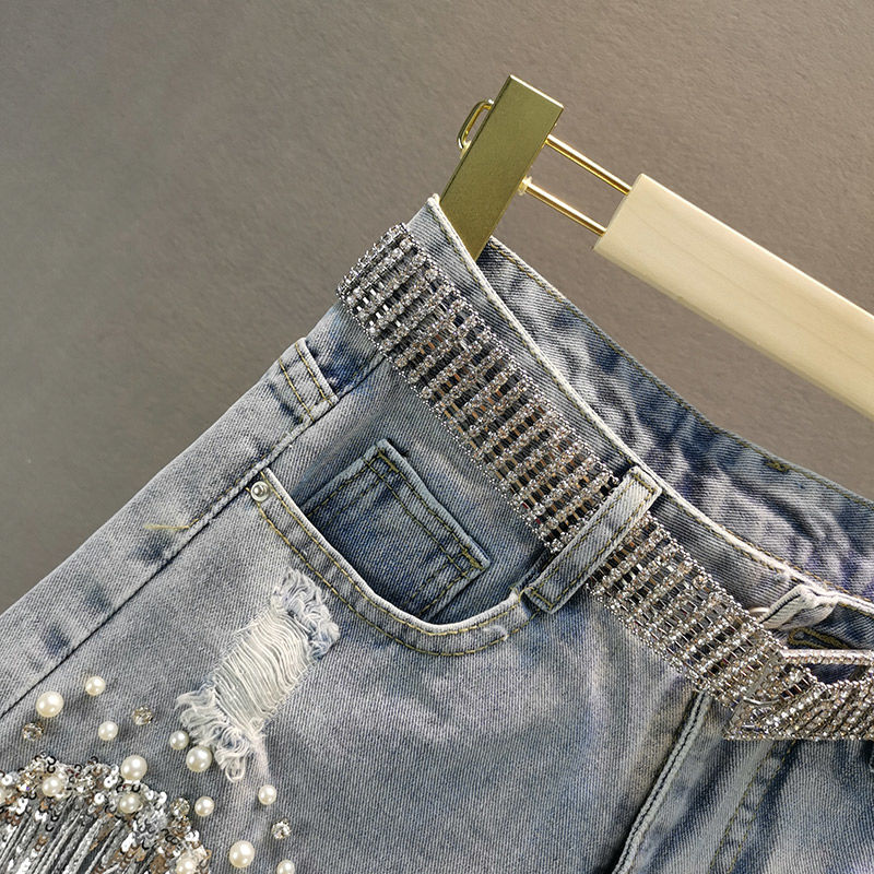 Tassel Beading High Waist Wide Leg Denim Shorts