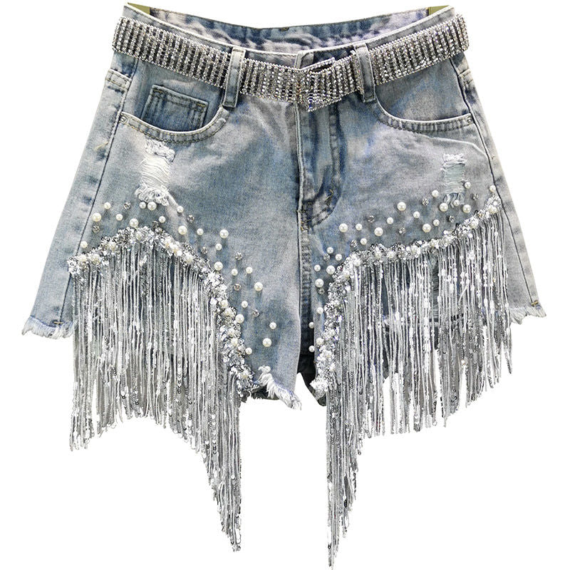 Tassel Beading High Waist Wide Leg Denim Shorts
