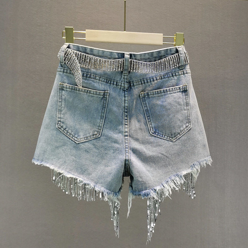 Tassel Beading High Waist Wide Leg Denim Shorts