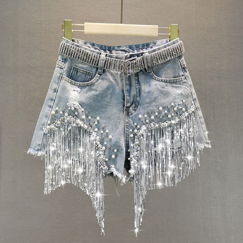Tassel Beading High Waist Wide Leg Denim Shorts