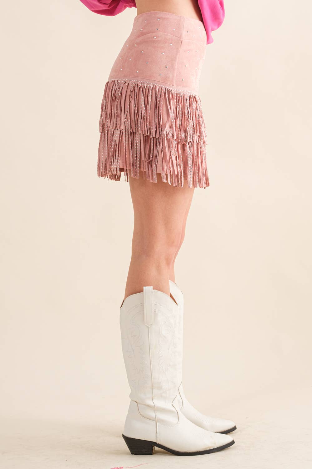 Suede Star Studded Fringe Skirt Tan