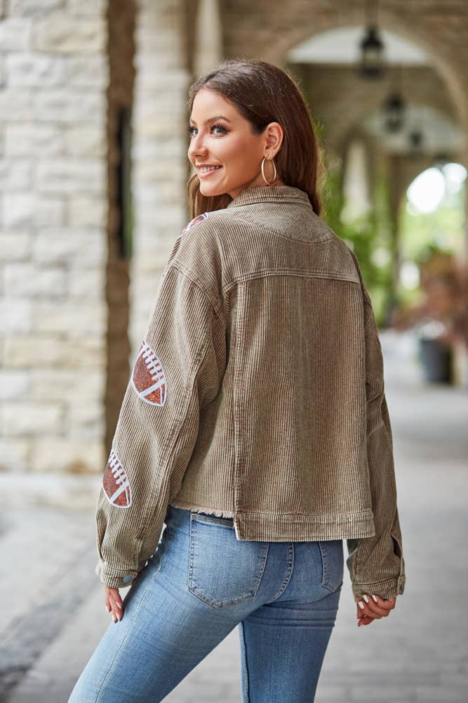 Cropped Corduroy Sequin Football Jacket Khaki