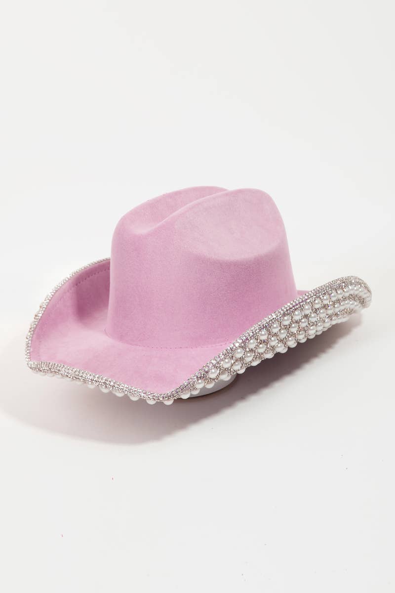 Pave Rhinestone Pearl Trim Cowboy Hat Pink