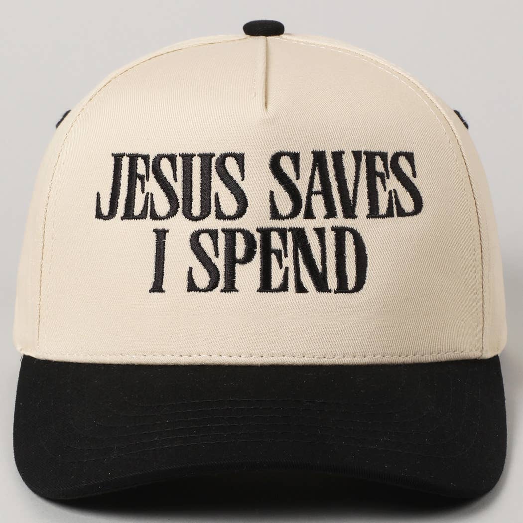 JESUS SAVES I SPEND Embroidery Trucker Hat: HOT PINK