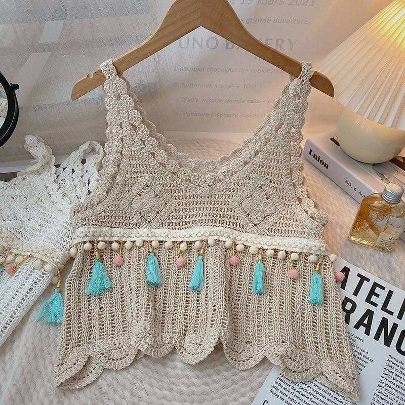 Vintage Fringe Knit Vest WHITE