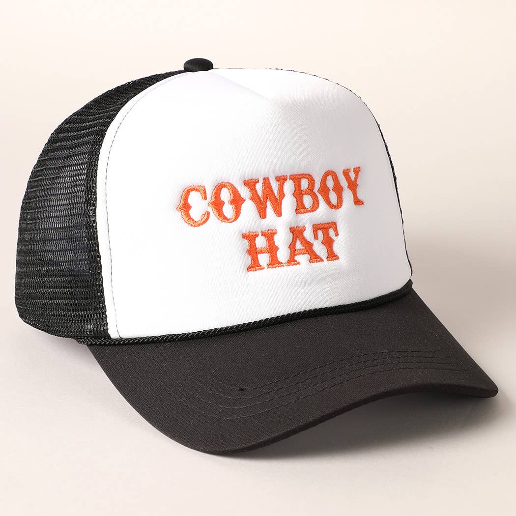 Cowboy Hat Embroidered Mesh Back Trucker Hat: BLACK