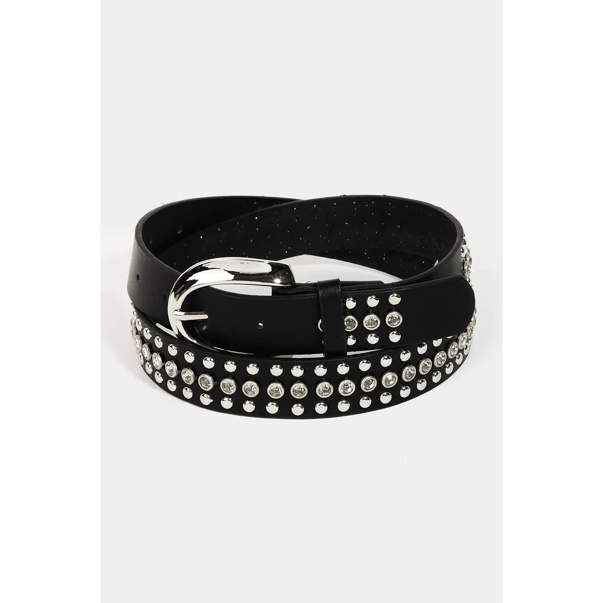 Stud Rhinestone Faux Leather Belt Black