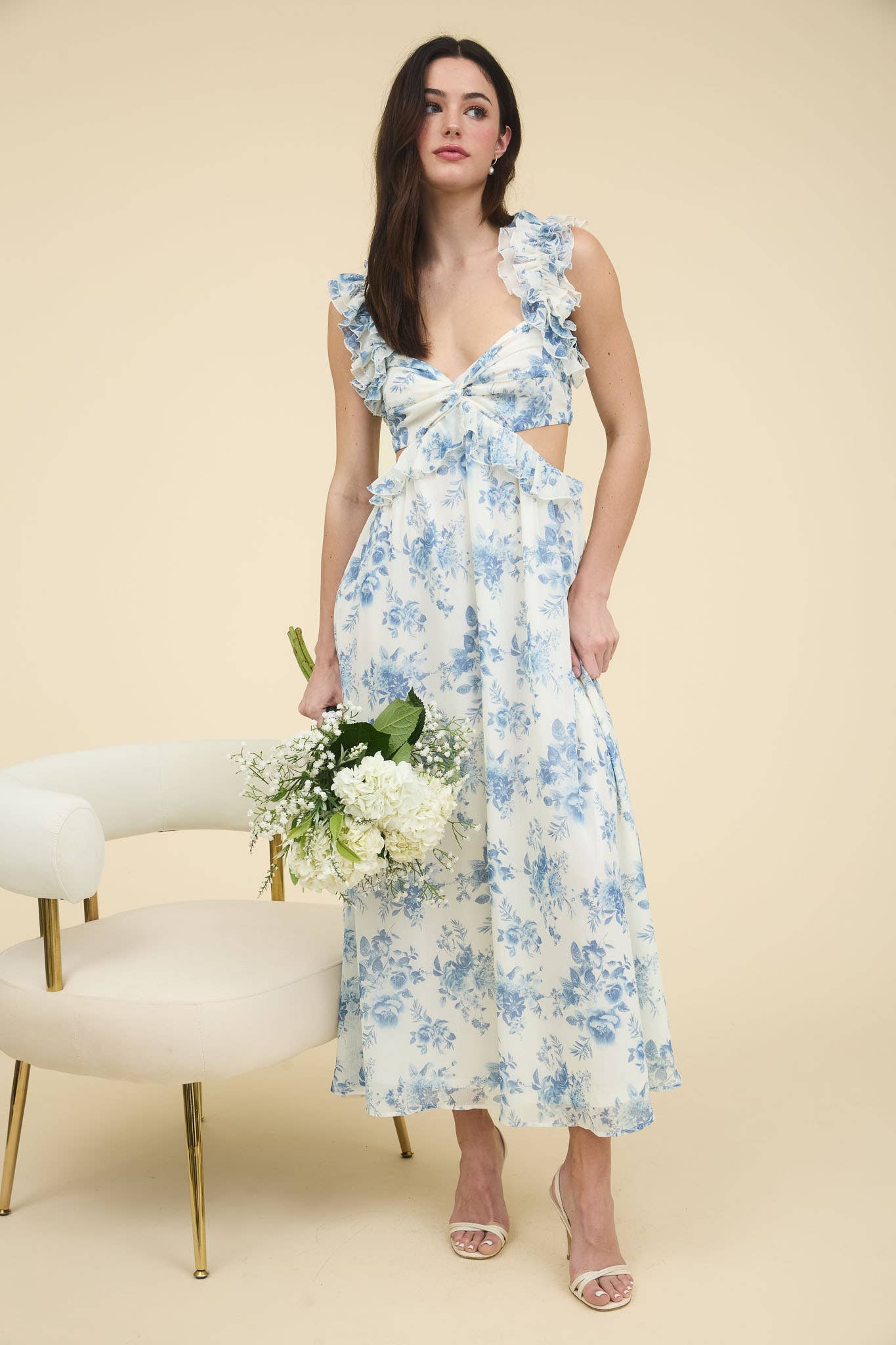 BLUE FLORAL RUFFLE DETAIL CUTOUT DRESS