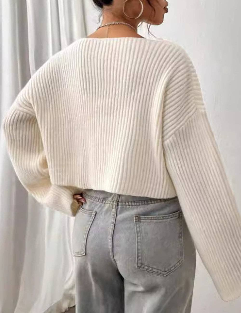 Ladies Drop Shoulder Ribbed Knit Sweater
