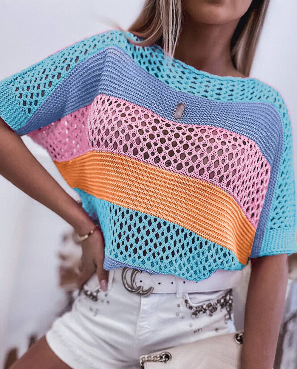Colorblock Crochet Knit Top PINK