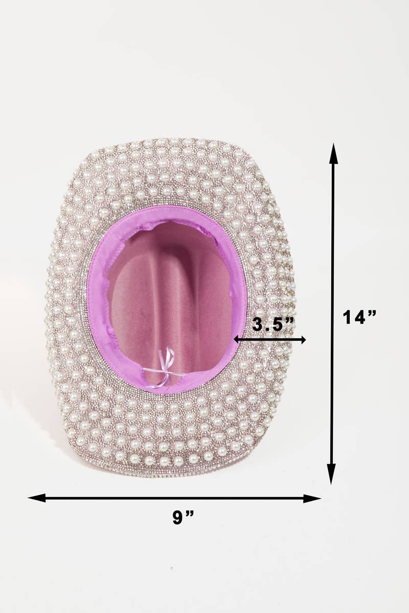 Pave Rhinestone Pearl Trim Cowboy Hat Pink
