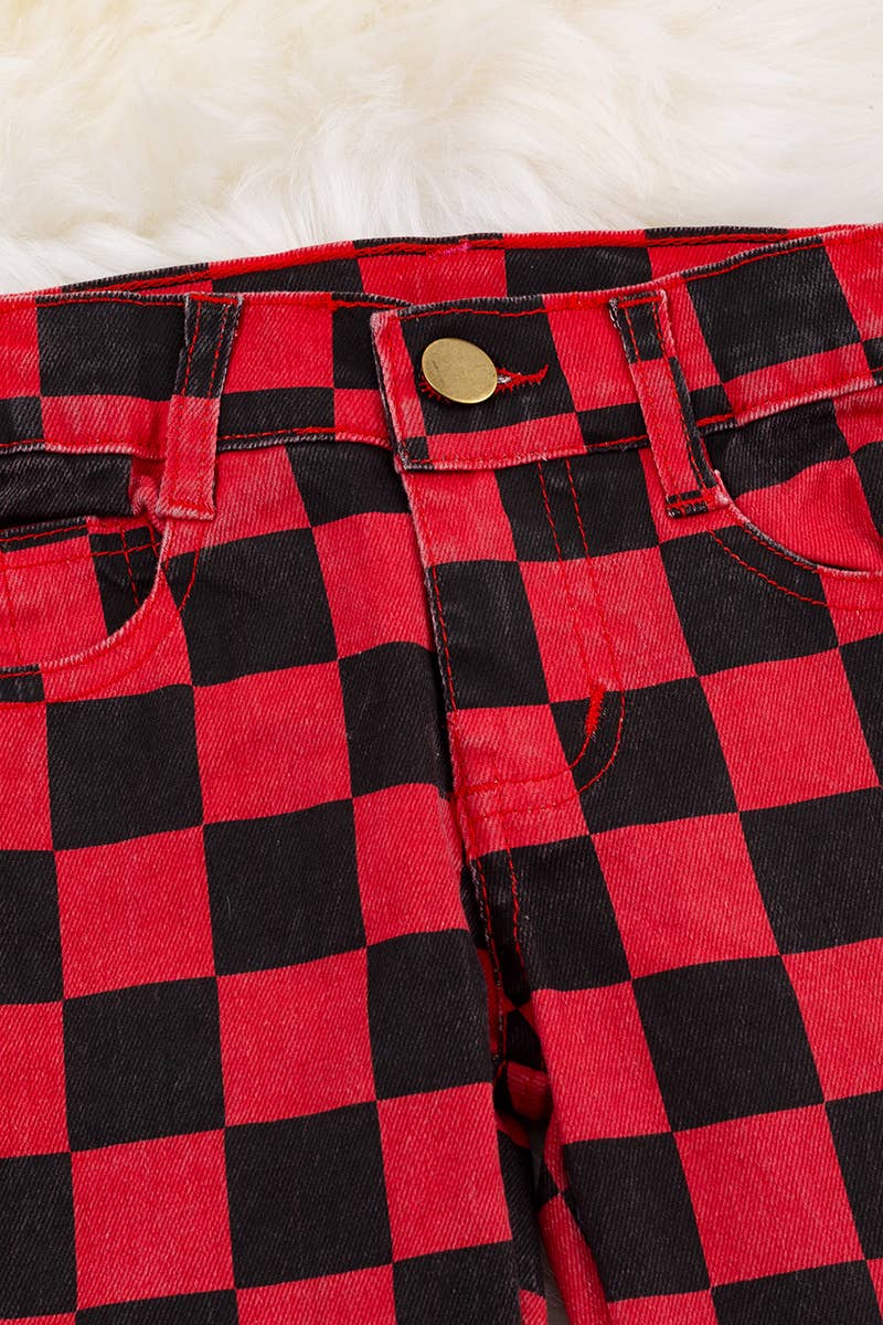 Girls RED & BLACK CHECKER DENIM PANTS