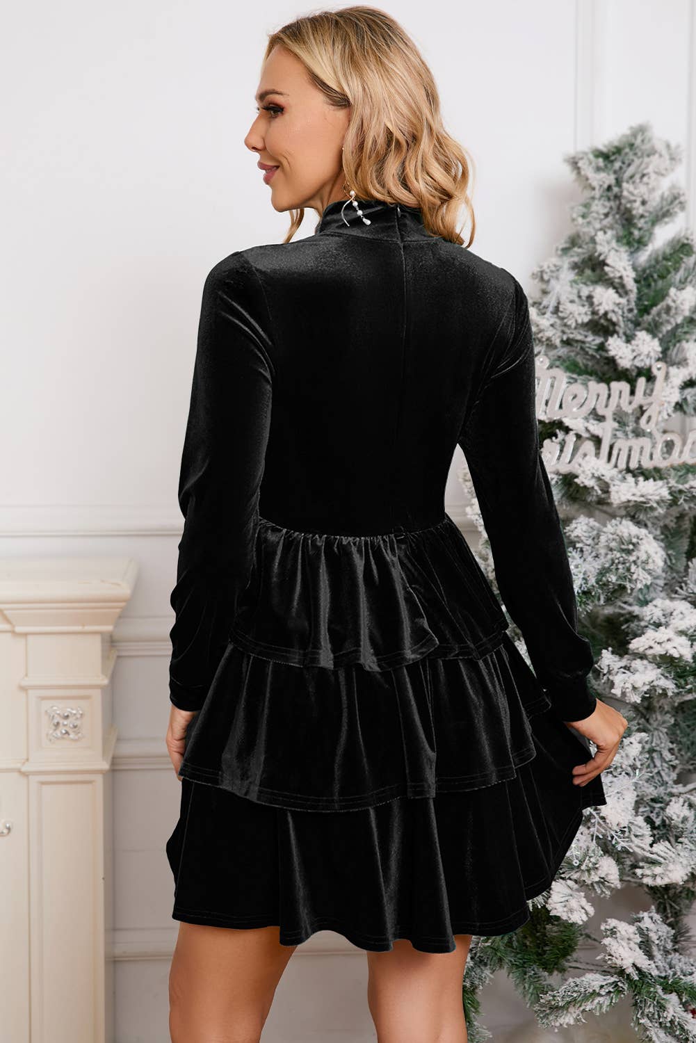 Velvet Ruffle Mini Dress Green