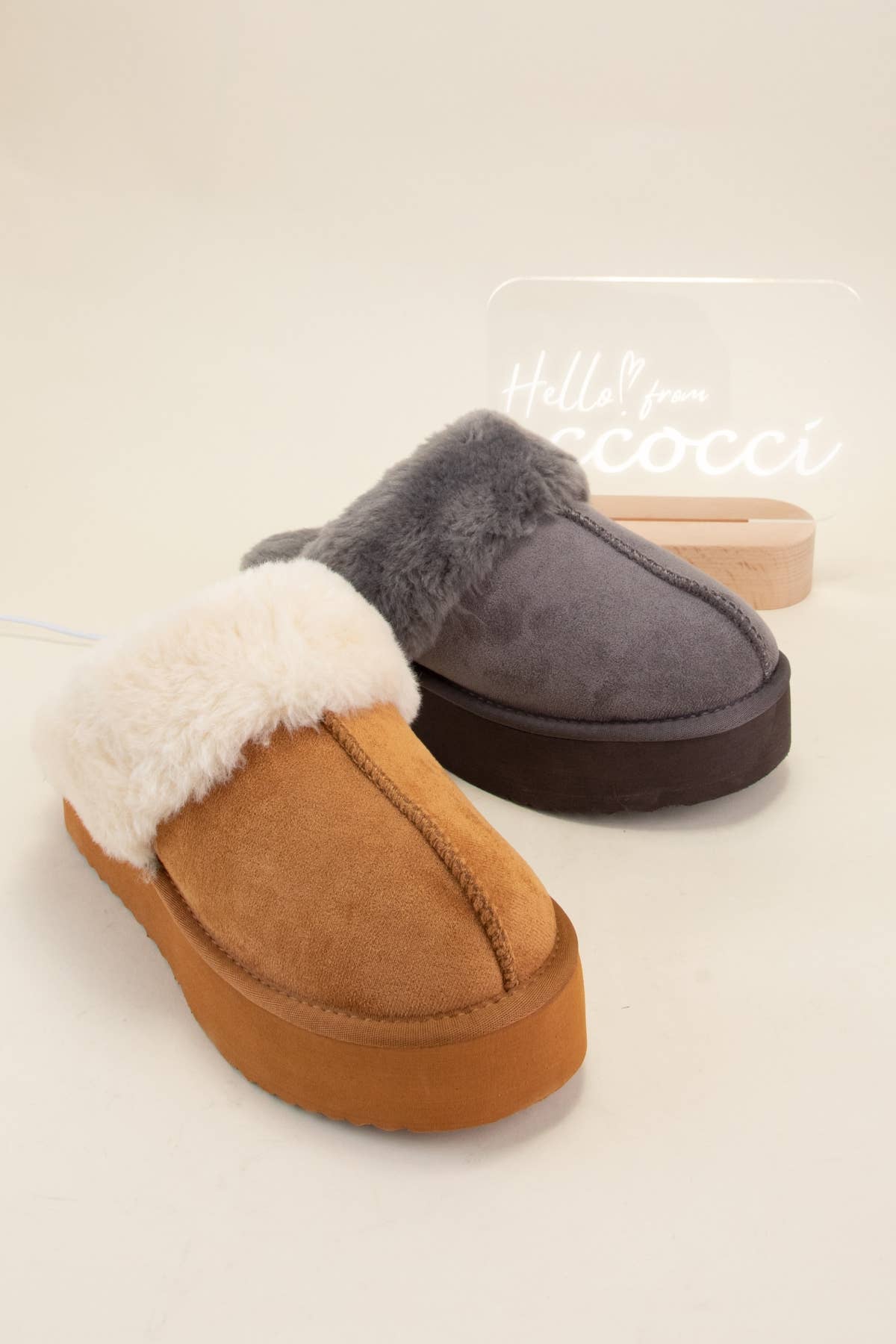 Platform Fur Slippers Tan