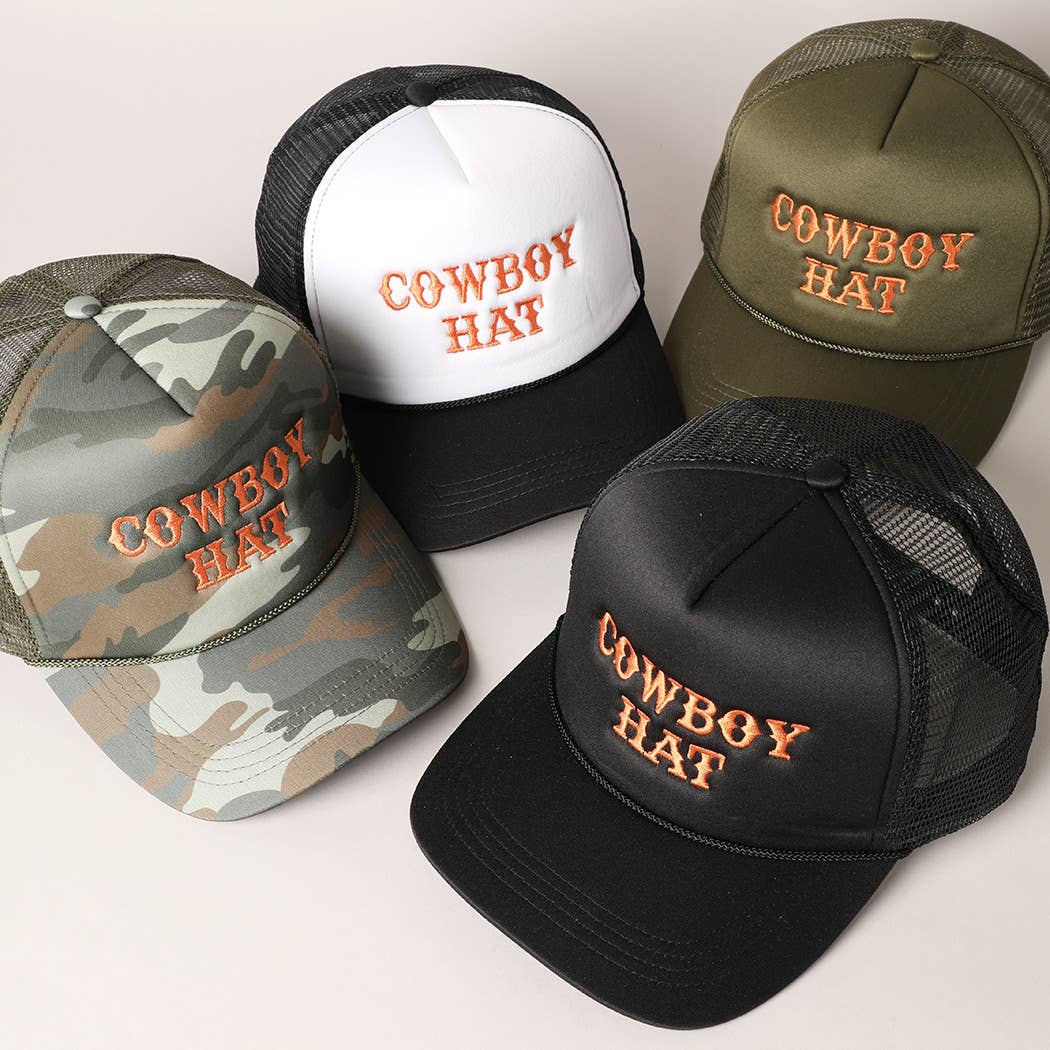 Cowboy Hat Embroidered Mesh Back Trucker Hat: BLACK
