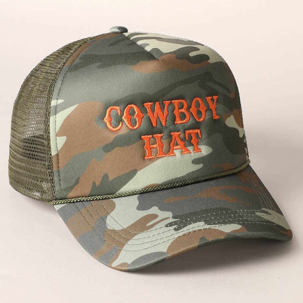 Cowboy Hat Embroidered Mesh Back Trucker Hat: BLACK