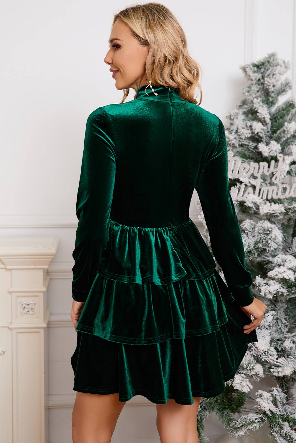Velvet Ruffle Mini Dress Green