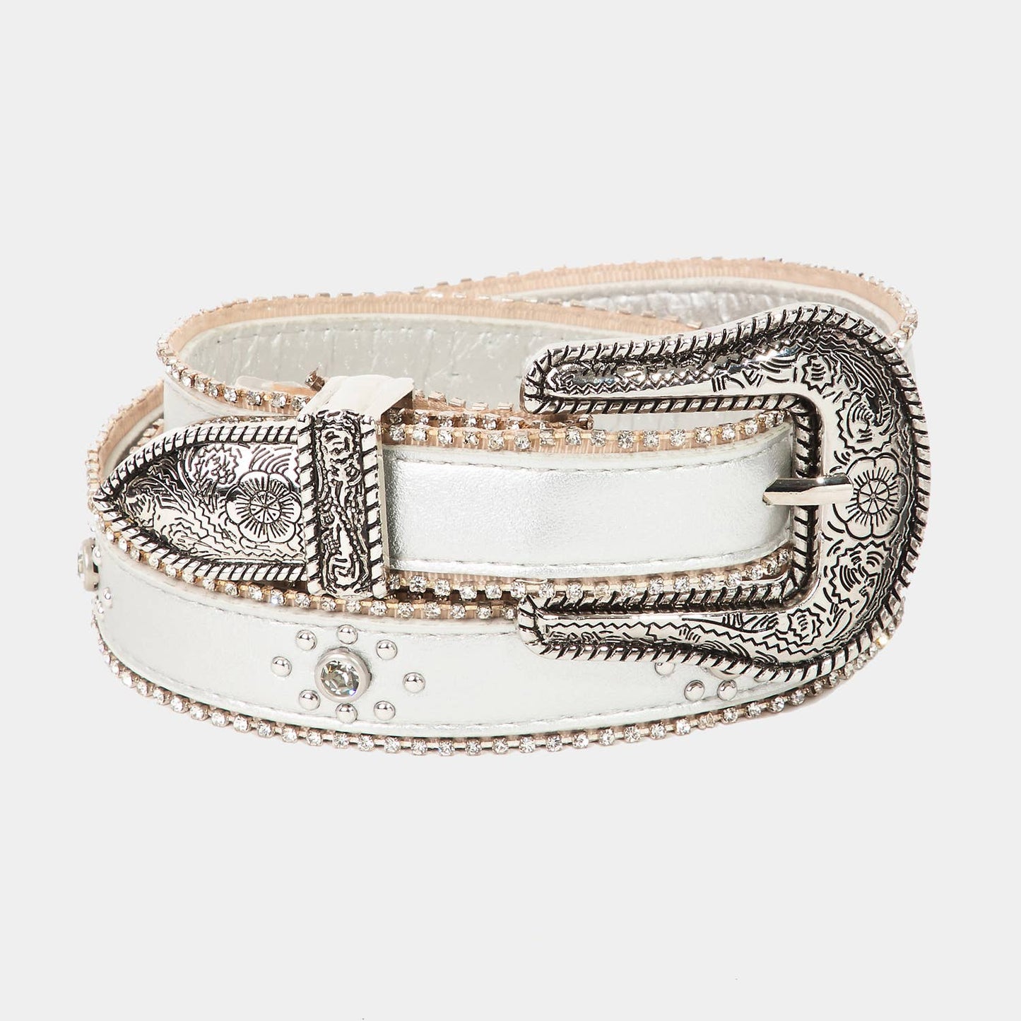 Rhinestone Studs Thin Faux Leather Belt Ivory