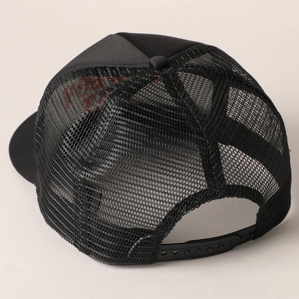 Cowboy Hat Embroidered Mesh Back Trucker Hat: BLACK