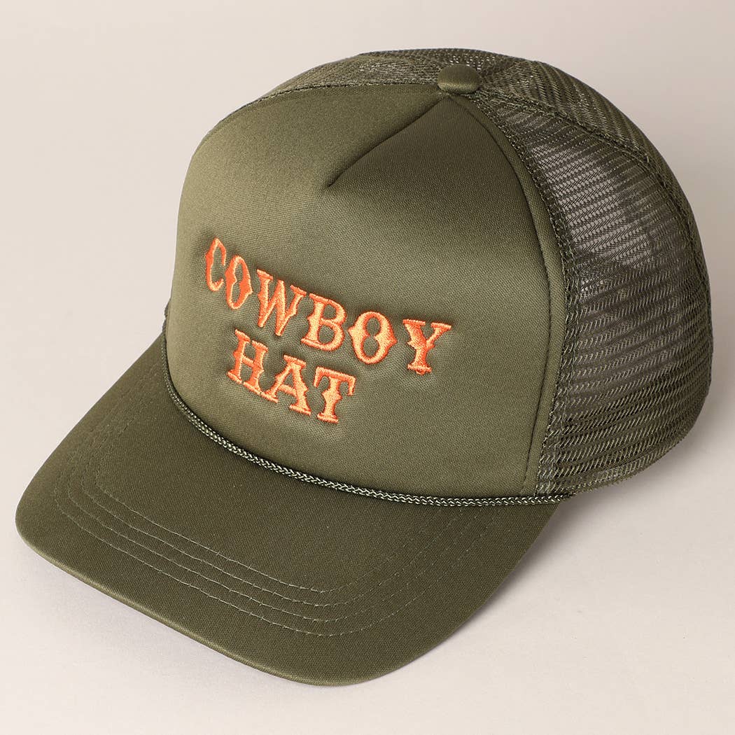 Cowboy Hat Embroidered Mesh Back Trucker Hat: BLACK