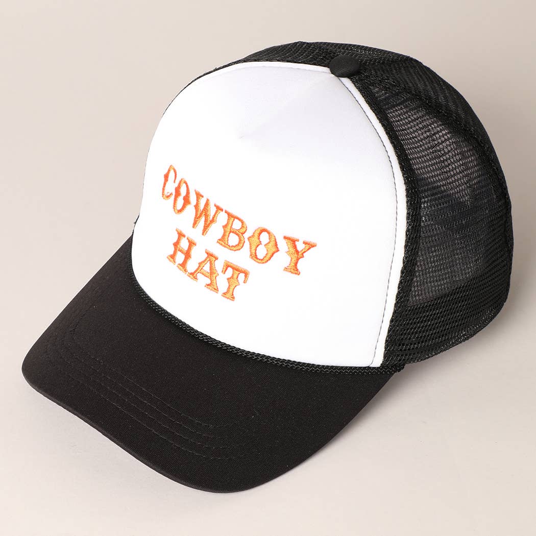 Cowboy Hat Embroidered Mesh Back Trucker Hat: BLACK