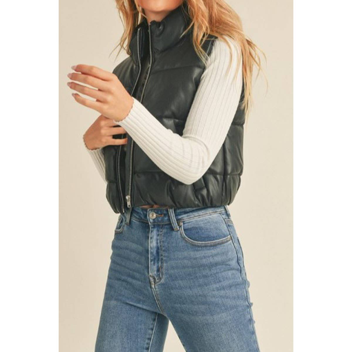 FAUX LEATHER ZIP UP PUFFER VEST BLACK
