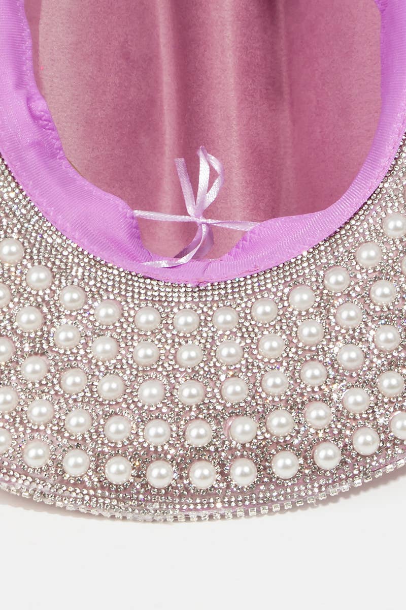 Pave Rhinestone Pearl Trim Cowboy Hat Pink