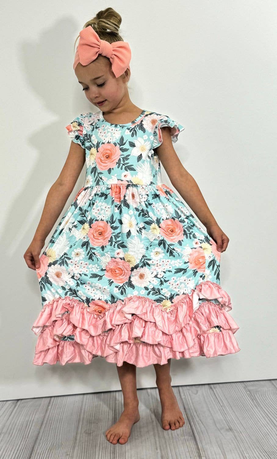 Aqua Peachy Petals Maxi Girls Dress