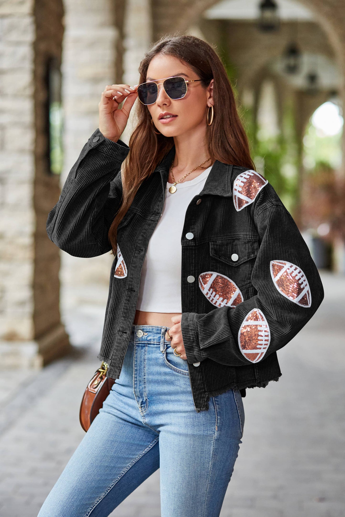 Cropped Corduroy Sequin Football Jacket Black