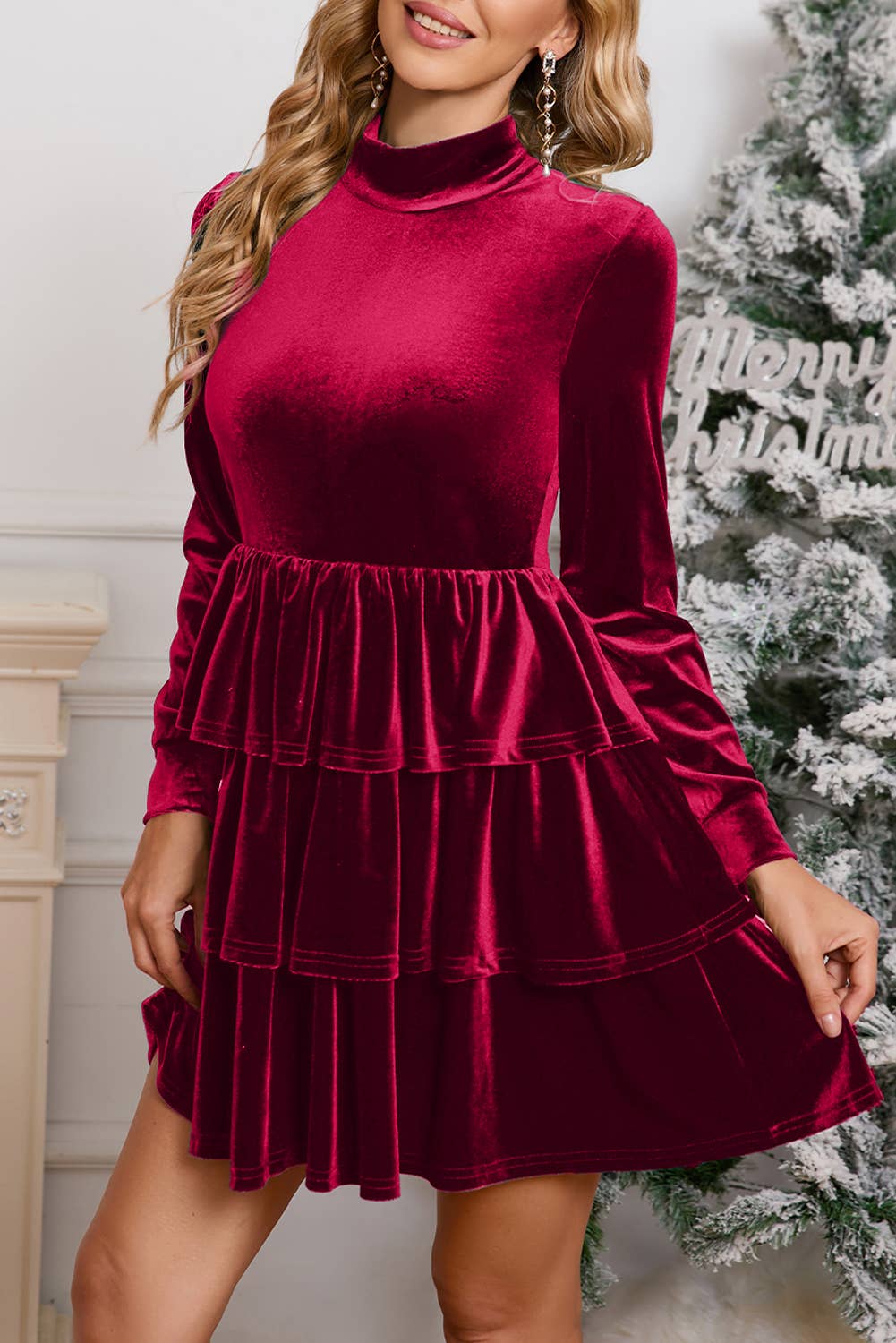 Velvet Ruffle Mini Dress Red