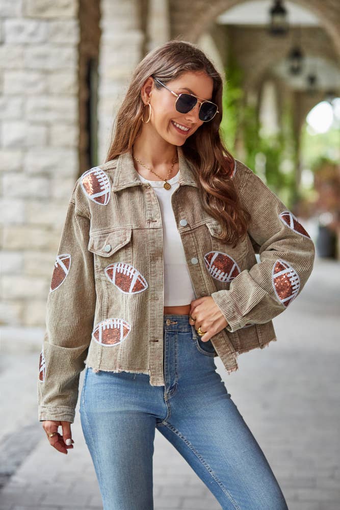 Cropped Corduroy Sequin Football Jacket Khaki