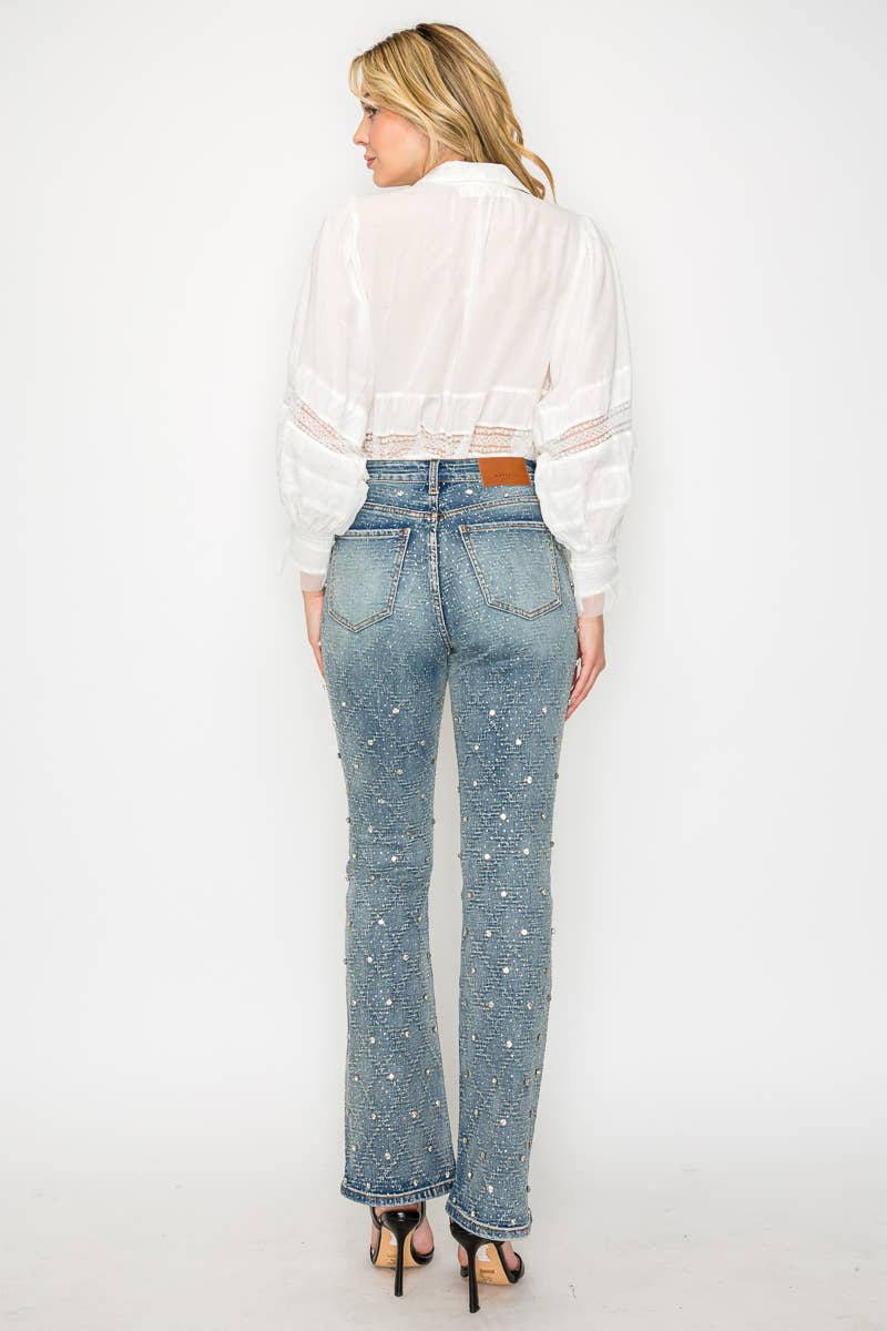 JEWEL EMBELLISHED ALL OVER RHINESTONE BOOTCUT JEANS
