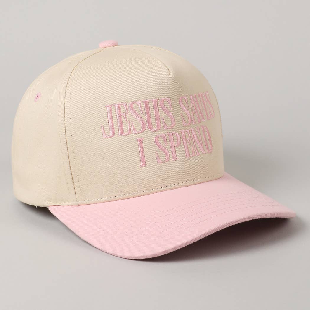 JESUS SAVES I SPEND Embroidery Trucker Hat: HOT PINK