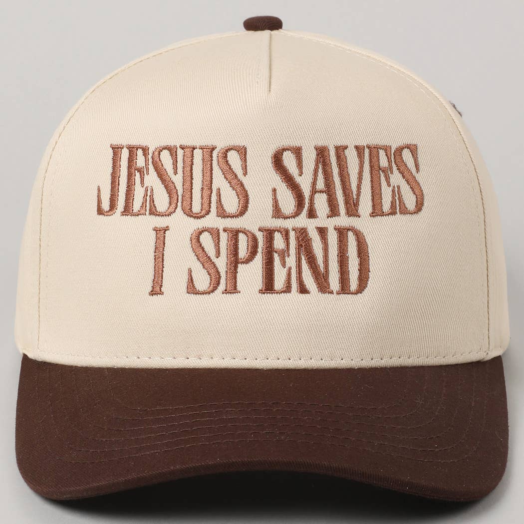 JESUS SAVES I SPEND Embroidery Trucker Hat: HOT PINK