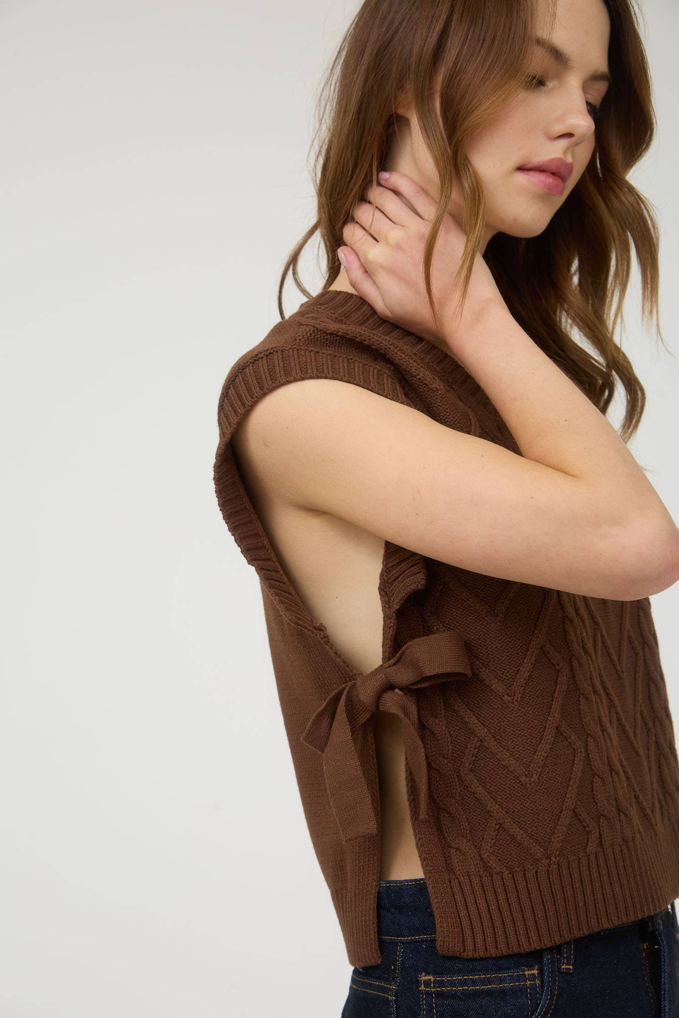CABLE KNIT V NECK SIDE TIE SWEATER VEST GREEN