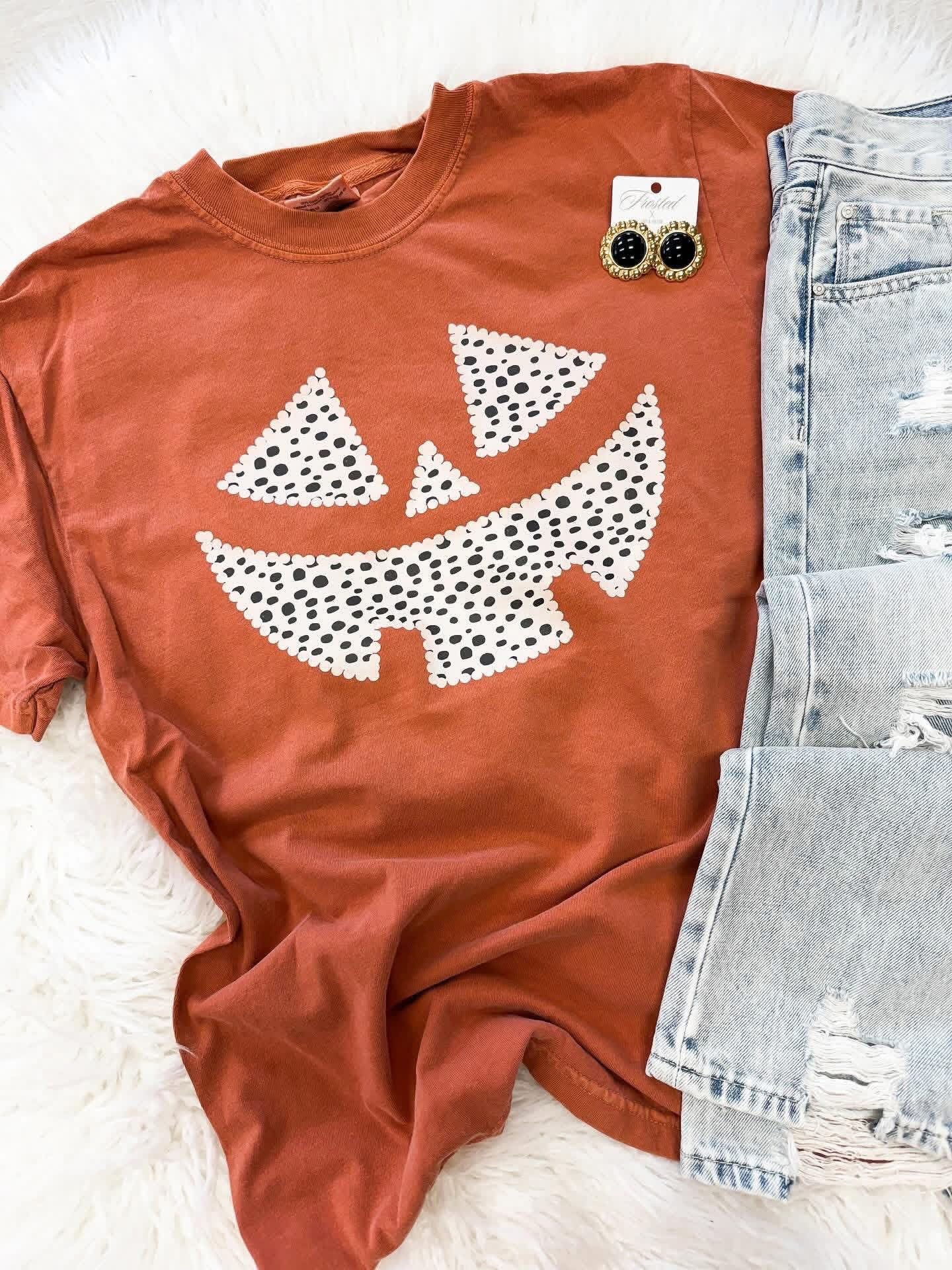 Polka Dot Pumpkin Face Halloween Comfort Colors Graphic Tee