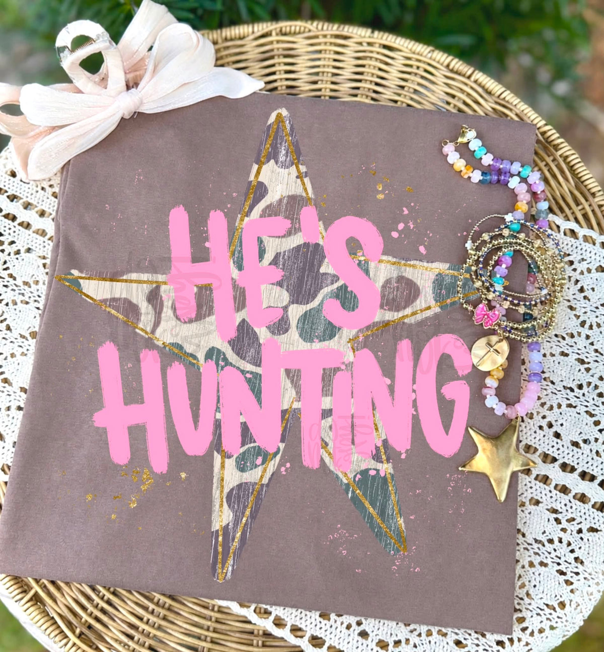 He's Hunting Camo Comfort Colors Graphic Tee